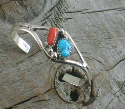 Native American Children's Turquoise Coral Cuff Bracelet